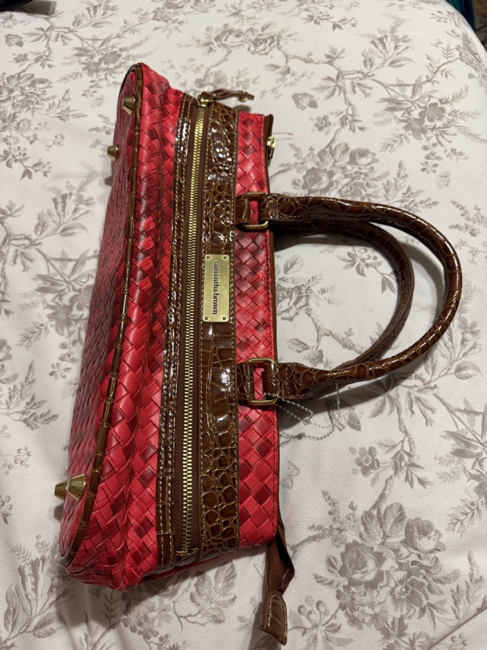 Red Woven Wine Bag with Brown Croc Trim